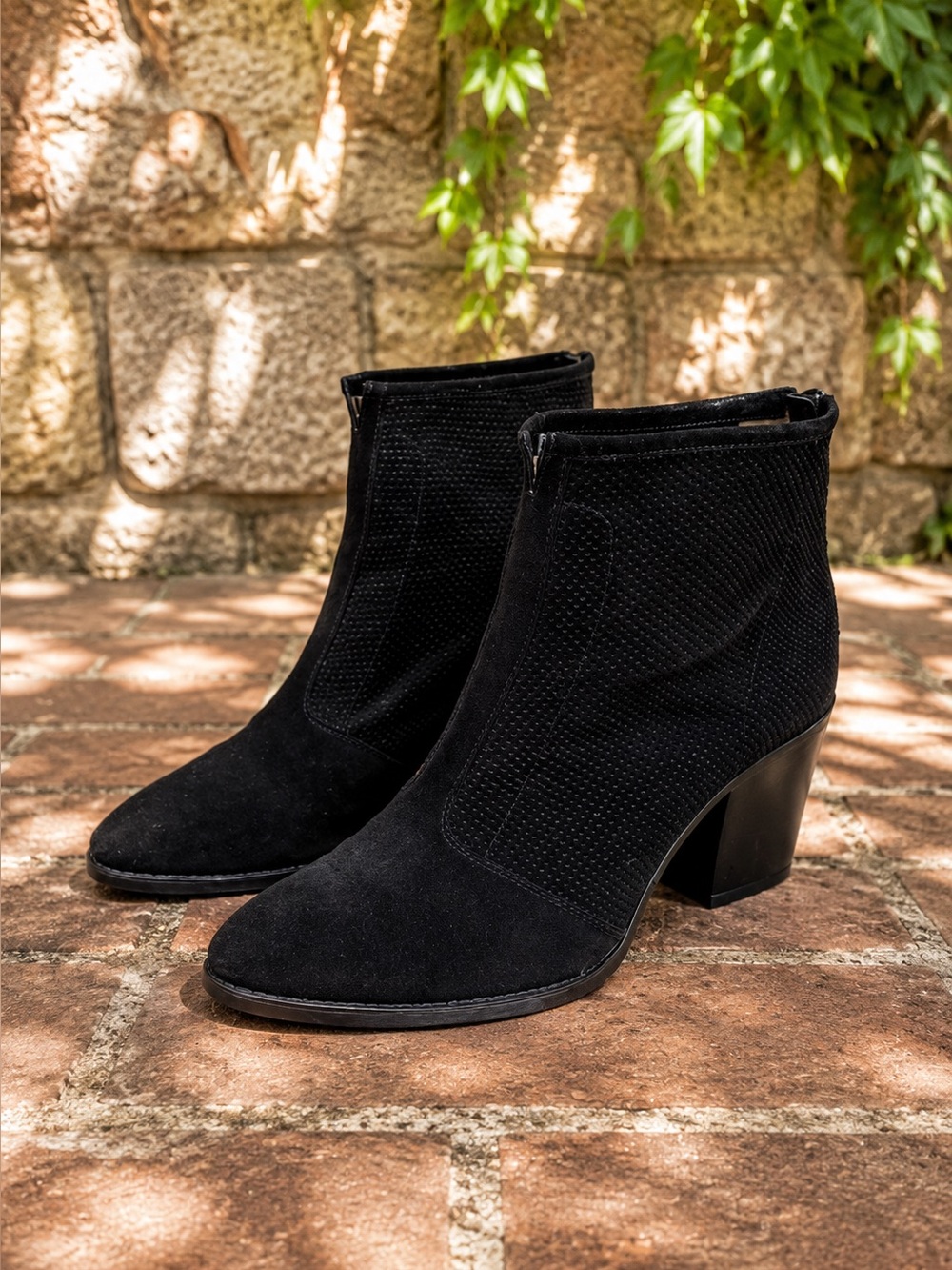 AQUATALIA Fia Made in Italy Block Heel Black Perforated Suede Ankle Boots, 11